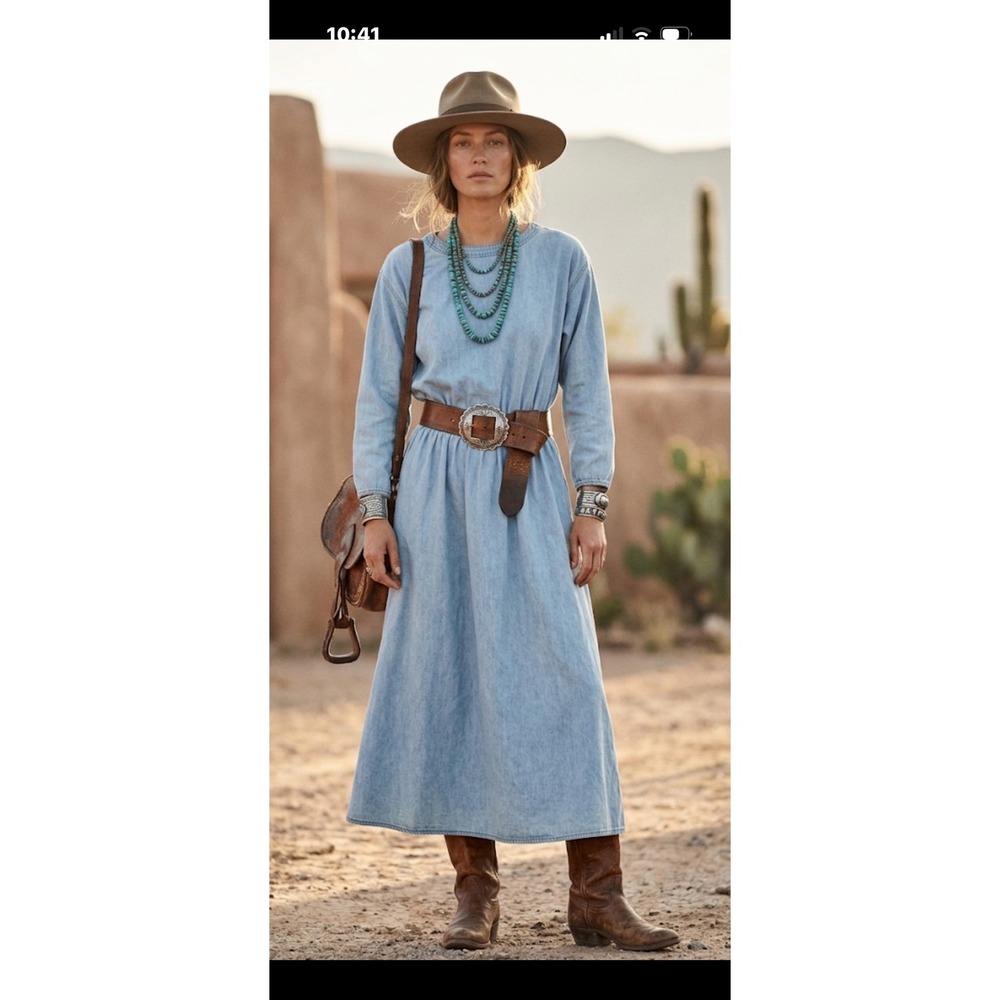 CMC Vintage Light Wash Denim Maxi Dress Long Sleeve Elastic Waist Cotton Small